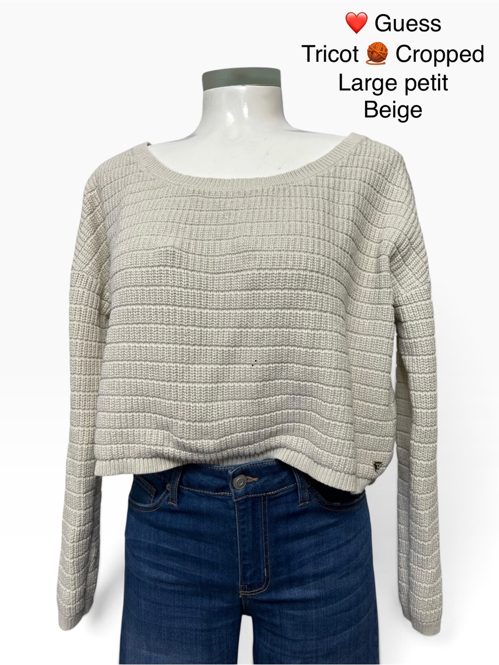 Guess Beige Cropped Scoop Neck Knit Sweater